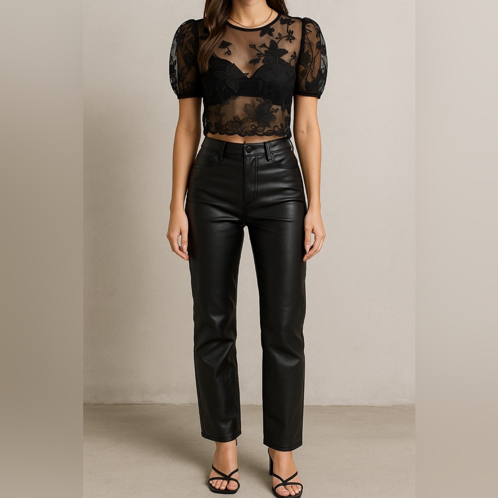 NWT Black floral butterfly embroidered sheer mesh puff sleeve blouse M whimsical